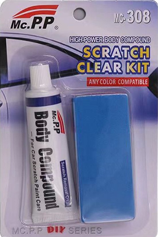 Mc.P.P. 'Scratch Clear Kit' verpakking met een tube witte compound en een blauwe spons.