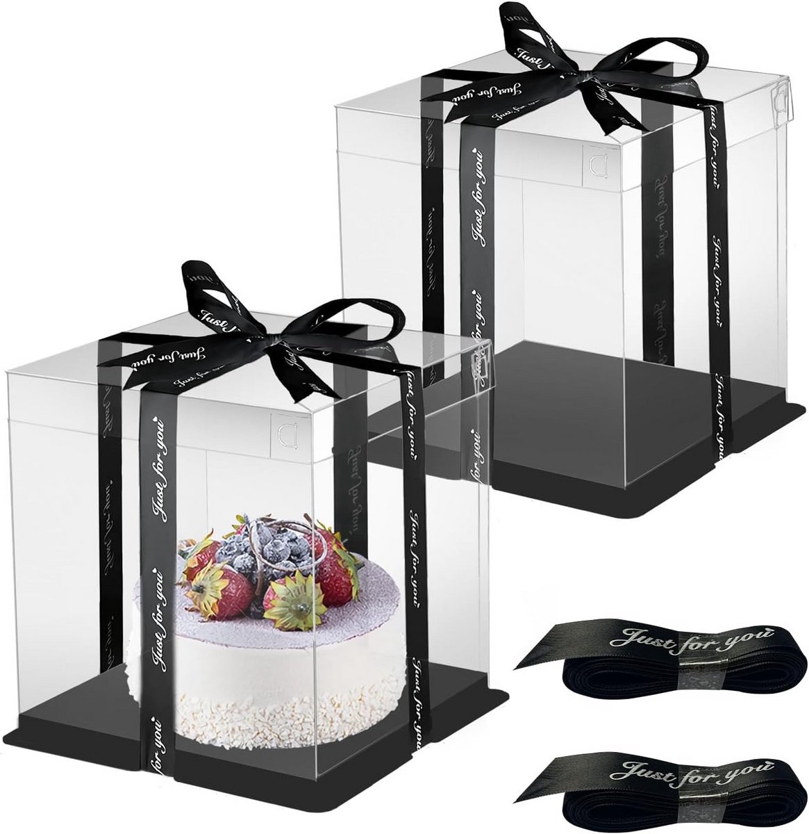 Taartdoos 30 x 30 x 25 cm - Transparant - Set van 2 - PET - Inclusief Lint