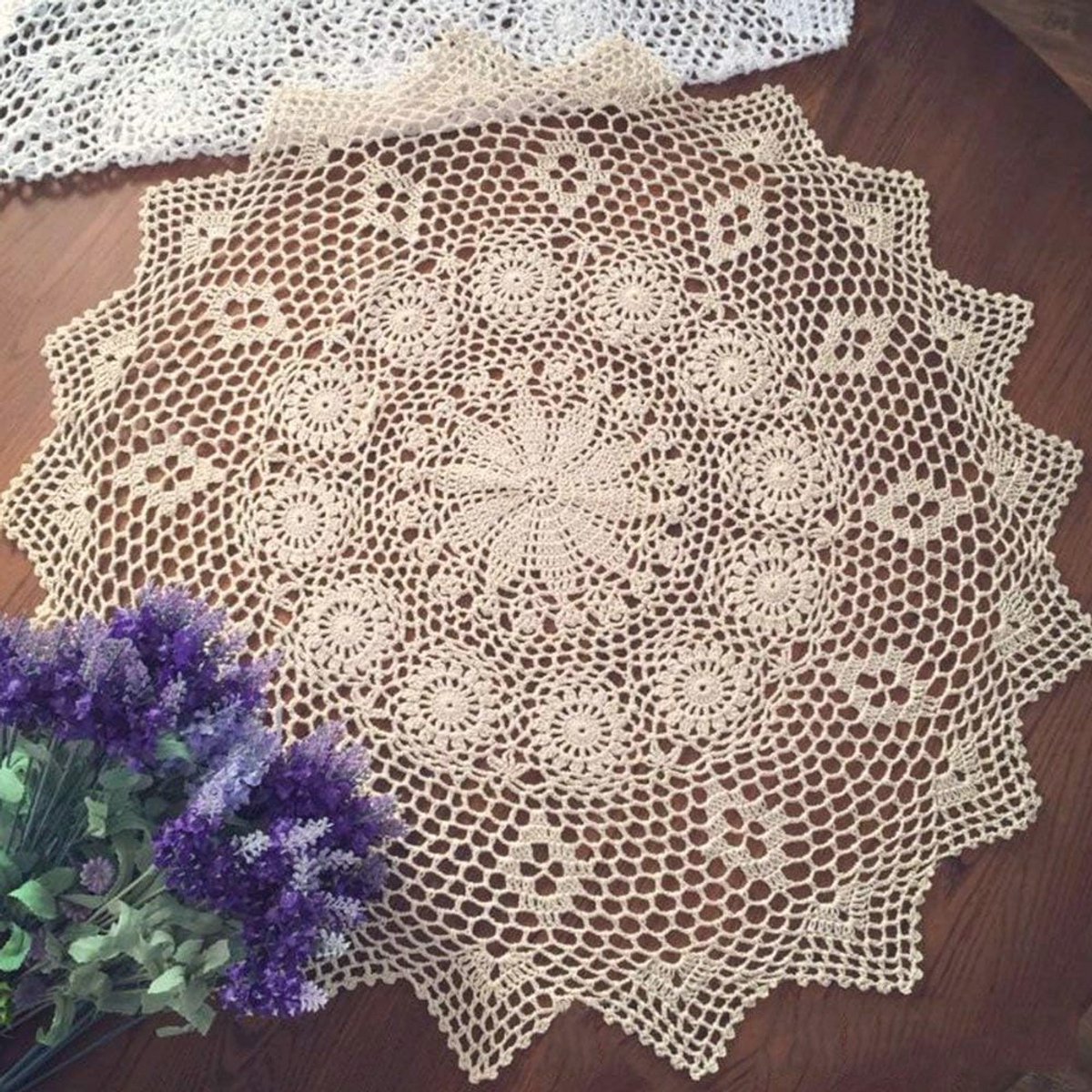 Rond Beige Katoen Gehaakt Tafelkleed 70-75cm