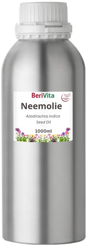 Zilverkleurige aluminium fles van 1 liter met een label met bloemen en tekst 'Neemolie, Azadirachta indica Seed Oil, 1000ml'.