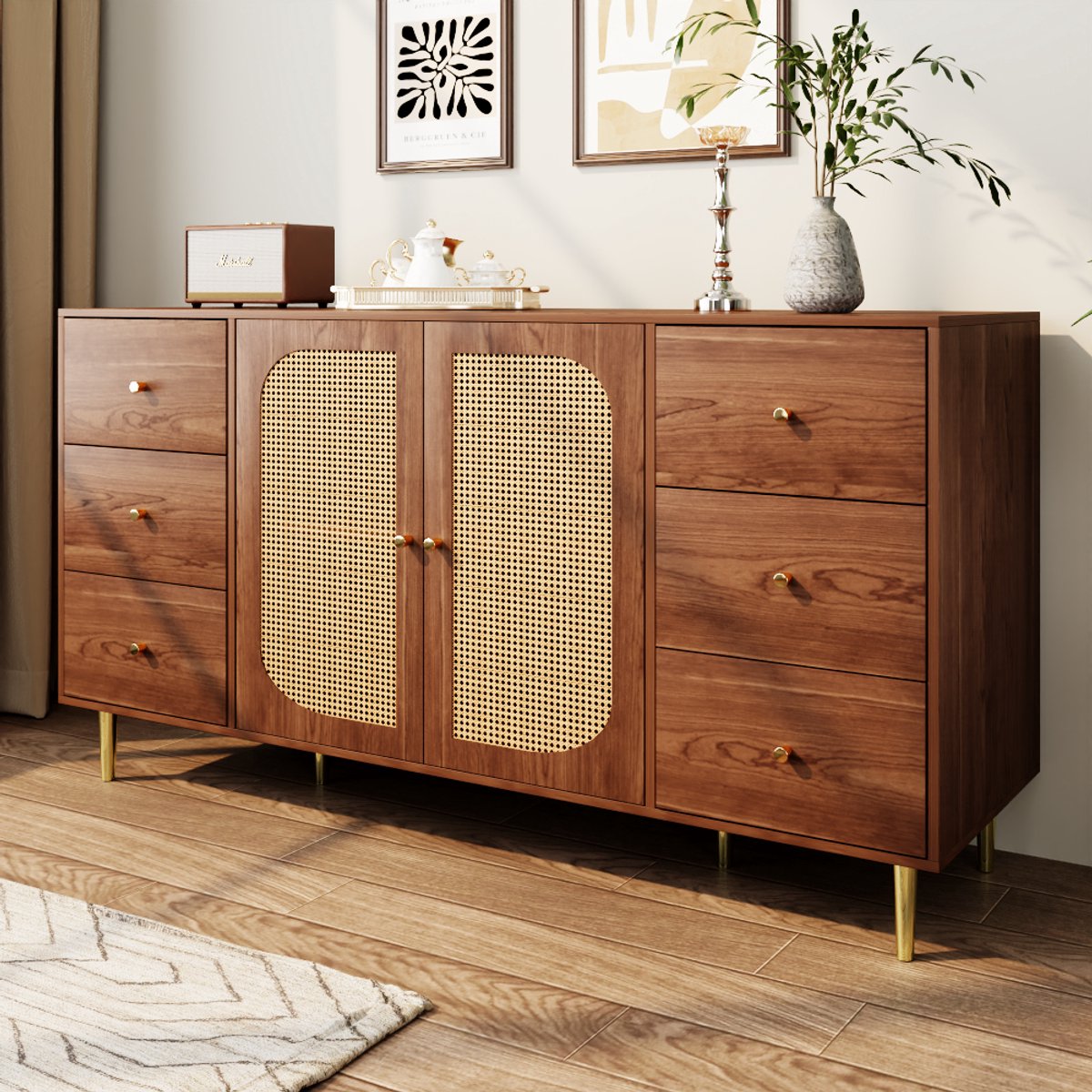 OKWISH Dressoir – Rattan Opbergkast – 6 lades en 2 deuren – 160x40x90 cm – Opbergruimte voor woonkamer/keuken – Handgevlochten rattan – MDF Bruin