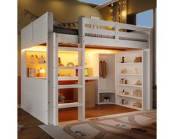 STILVORA Hoogslaper 140x200 cm – Hoogbed Met LED-Verlichting en Geïntegreerde Opbergruimte – Kledingkast, Bureau En 3 Laden – Grenen Hout – Wit – Zonder Matras