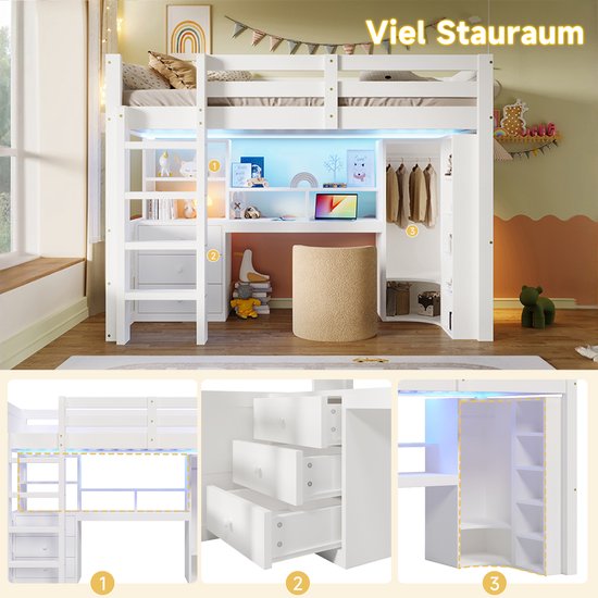 HAUSS SPOLE Lit mezzanine 90x200cm - Lit mezzanine enfant avec LED - Avec armoire intégrée et bureau - Avec 3 tiroirs et étagères de rangement - Bois de pin - Blanc - Sans matelas