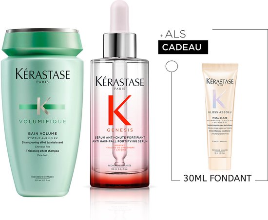 Kérastase Volumifique shampoo, Genesis serum en Gloss Absolu conditioner cadeauset voor fijn haar.