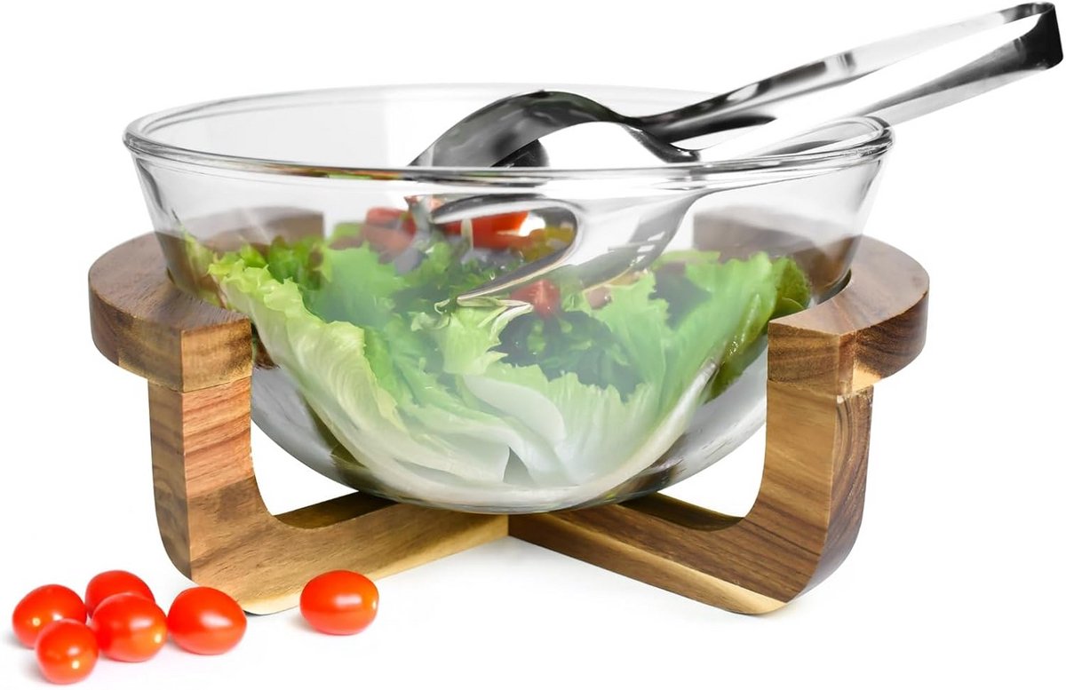Grote Glazen Slakom met Houten Frame en Saladebestek - 4.4 Liter
