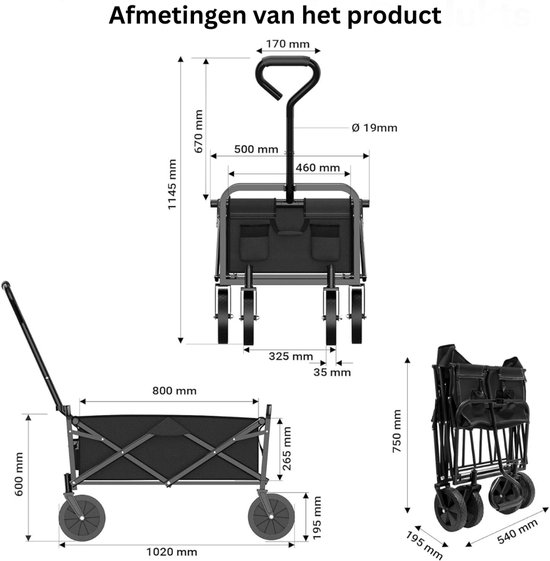 SNJY® Bolderkar Opvouwbaar - Strandkar - Boodschappenkar - Tot 100 KG - 50D x 102B x 114,5H cm - Zwart van Merkloos — afbeelding 4
