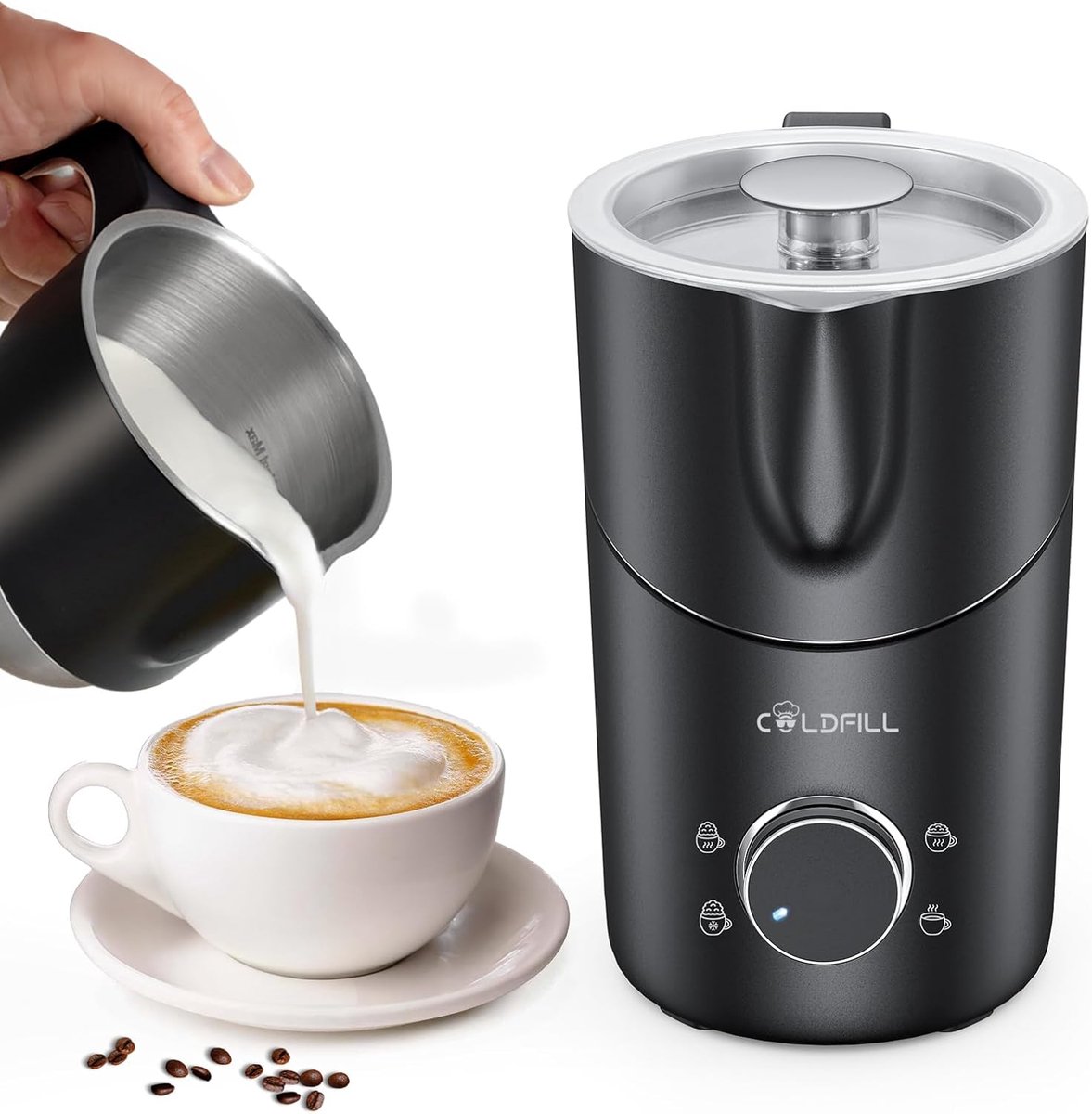 Elektrische melkopschuimer, 8-in-1, 400 ml, automatische melkopschuimer voor warm en koud schuim, vaatwasmachinebestendig, afneembaar, stil, voor sojamelk, havermout, latte, cappuccino, zwart