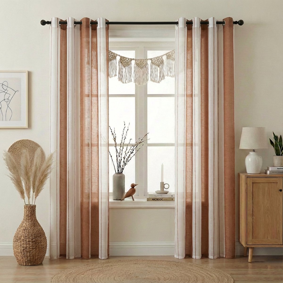 MUPOO Linnenlook Vitrages Kant en Klaar met Strepen 2 Stuks- vitrage gordijnen met Linnenuitstraling -Wasbaar & Kreukherstellend -Laat Licht Door & Biedt Privacy - Met Oogjes voor Balkon & Studeerkamer- bruin -140x225cm