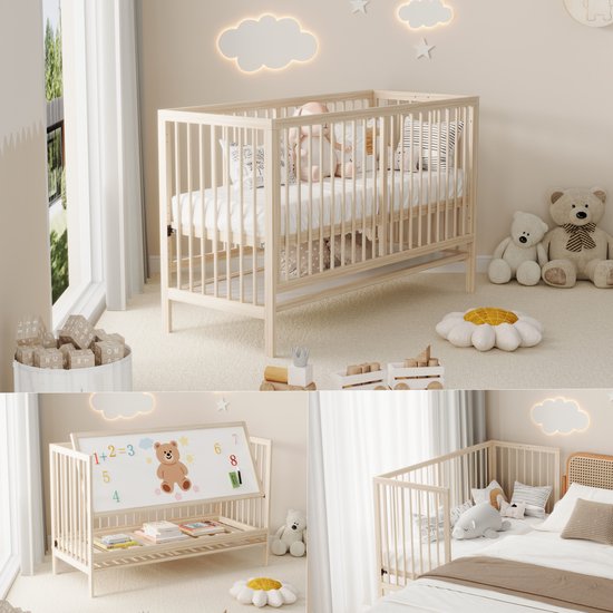 Houten babybedje, multifunctioneel babybedje, om te bouwen tot een bedje aan het bed, een schildersplankstandaard of een bureau, in hoogte verstelbaar, zonder matras, gemaakt van sparrenhout, natuurlijke kleur, 140x60x90 cm