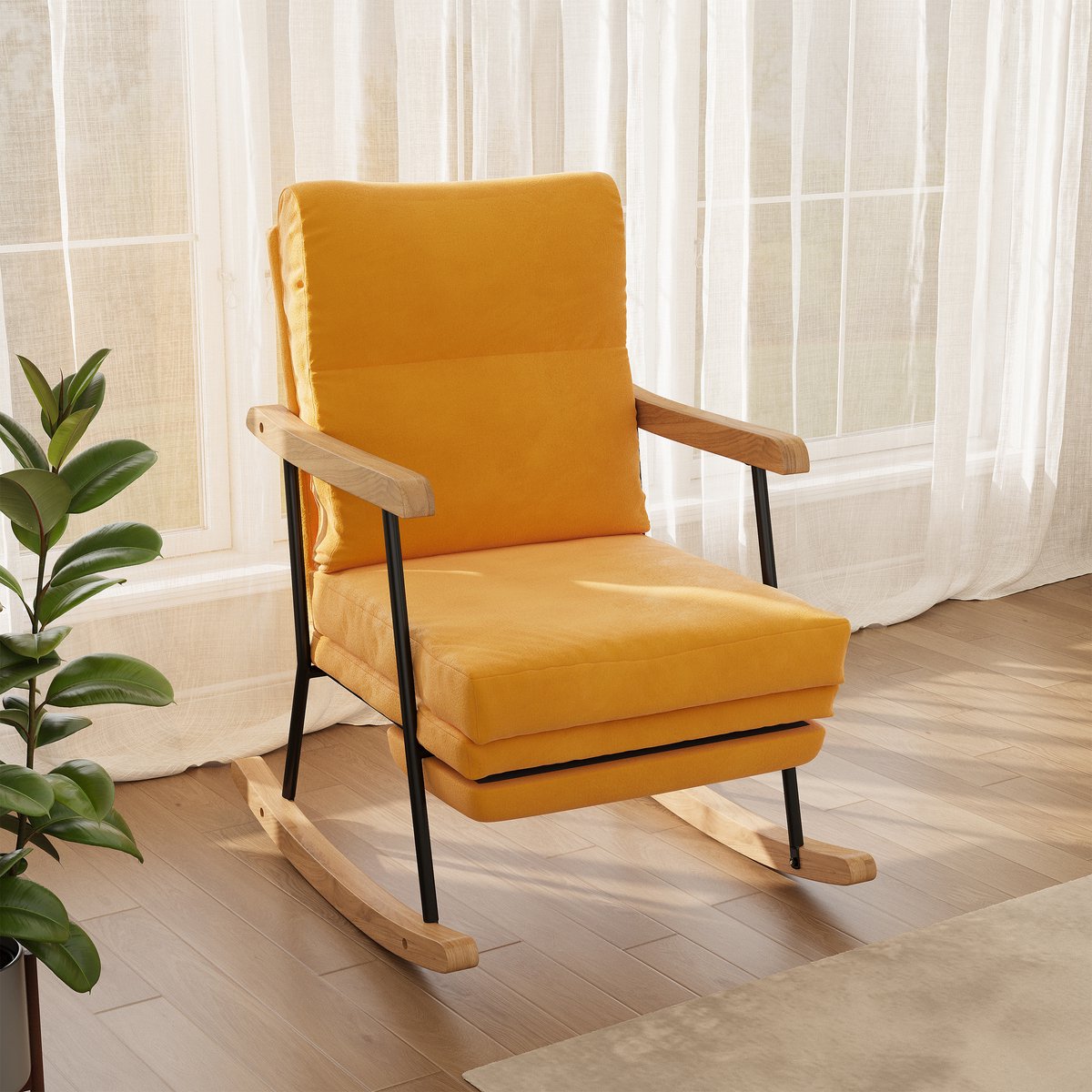 Design Schommelstoel met Voetensteun – Comfortabele Relaxstoel met Houten Details en Metalen Frame