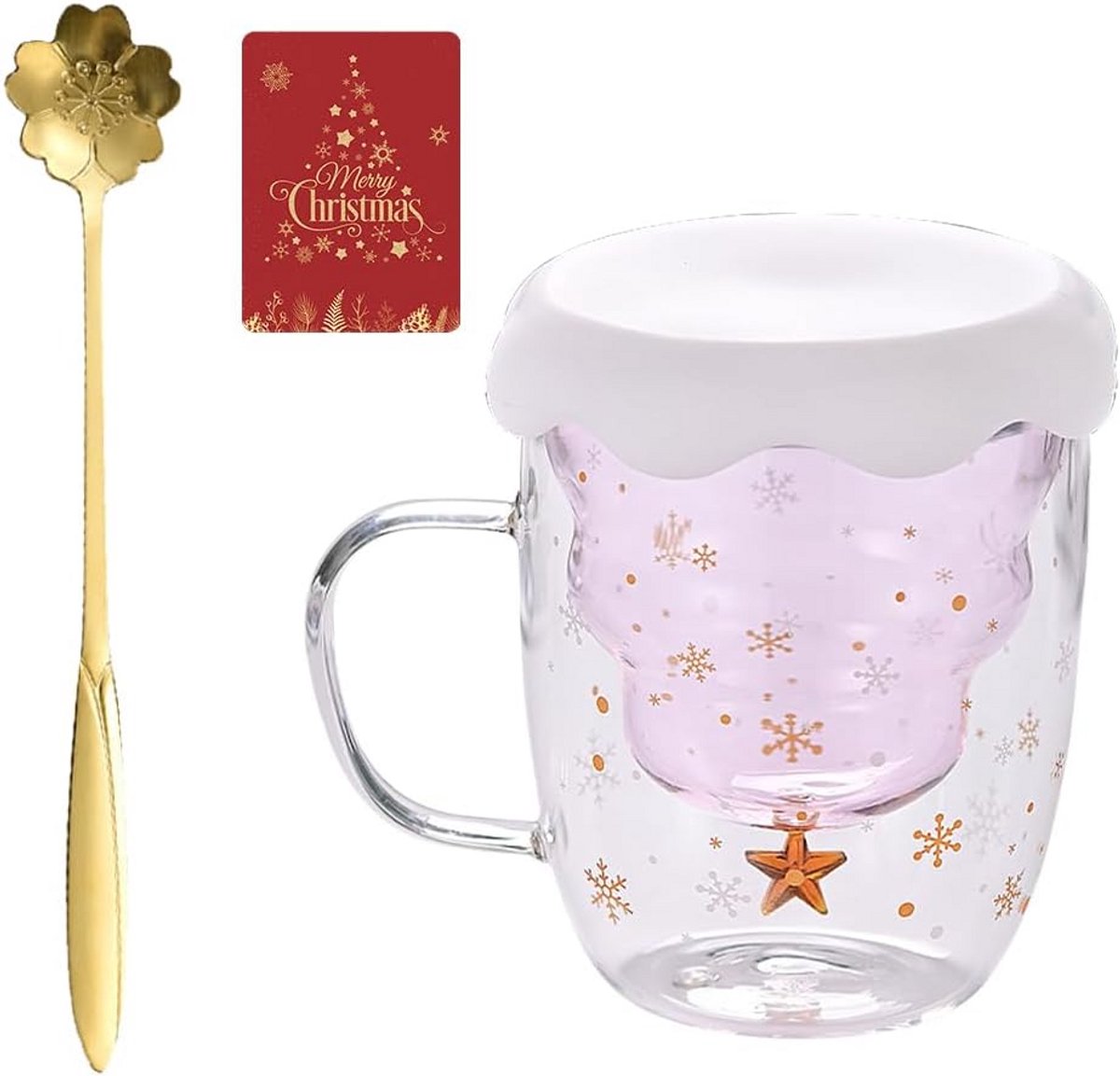 Dubbelwandige Glazen Koffiekop met Handvat en Deksel - Kerstboom Design - 350 ml