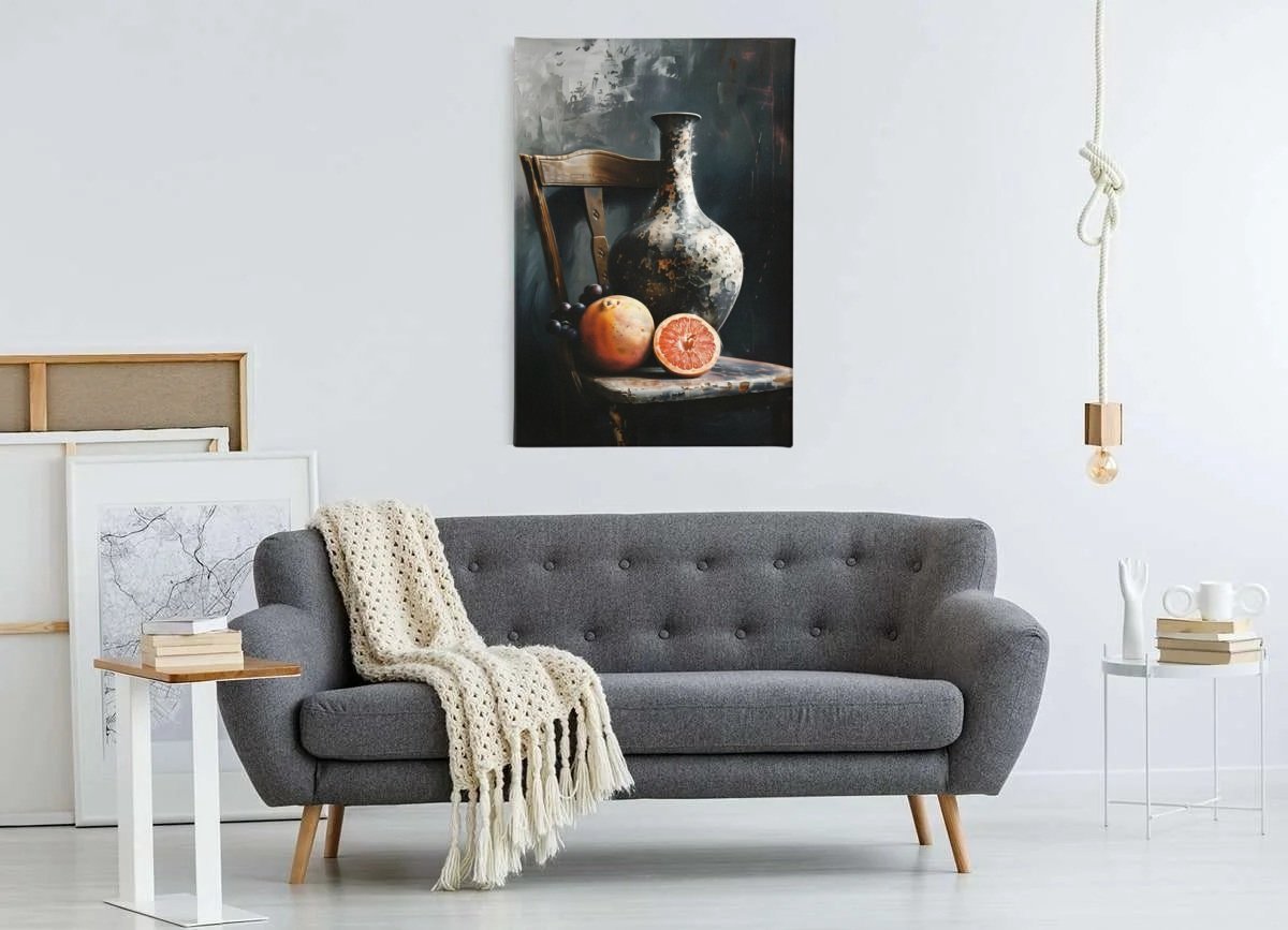 Trendex Global Canvas Schilderij – Kunst - Stilleven – Vaas – Fruit – Klassiek Interieur - 150x100 cm Grijs