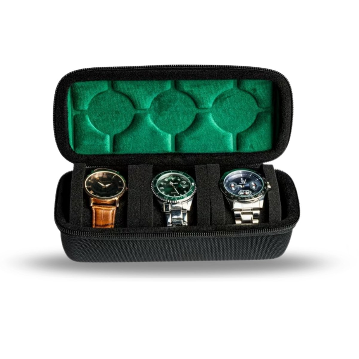 ChronoCase® - Horloge Etui - Horloge Doos - Luxe Horloge Rol 3 Stuk - Horloge Travel Case - Zwart Met Donkergroen Kunstsuède