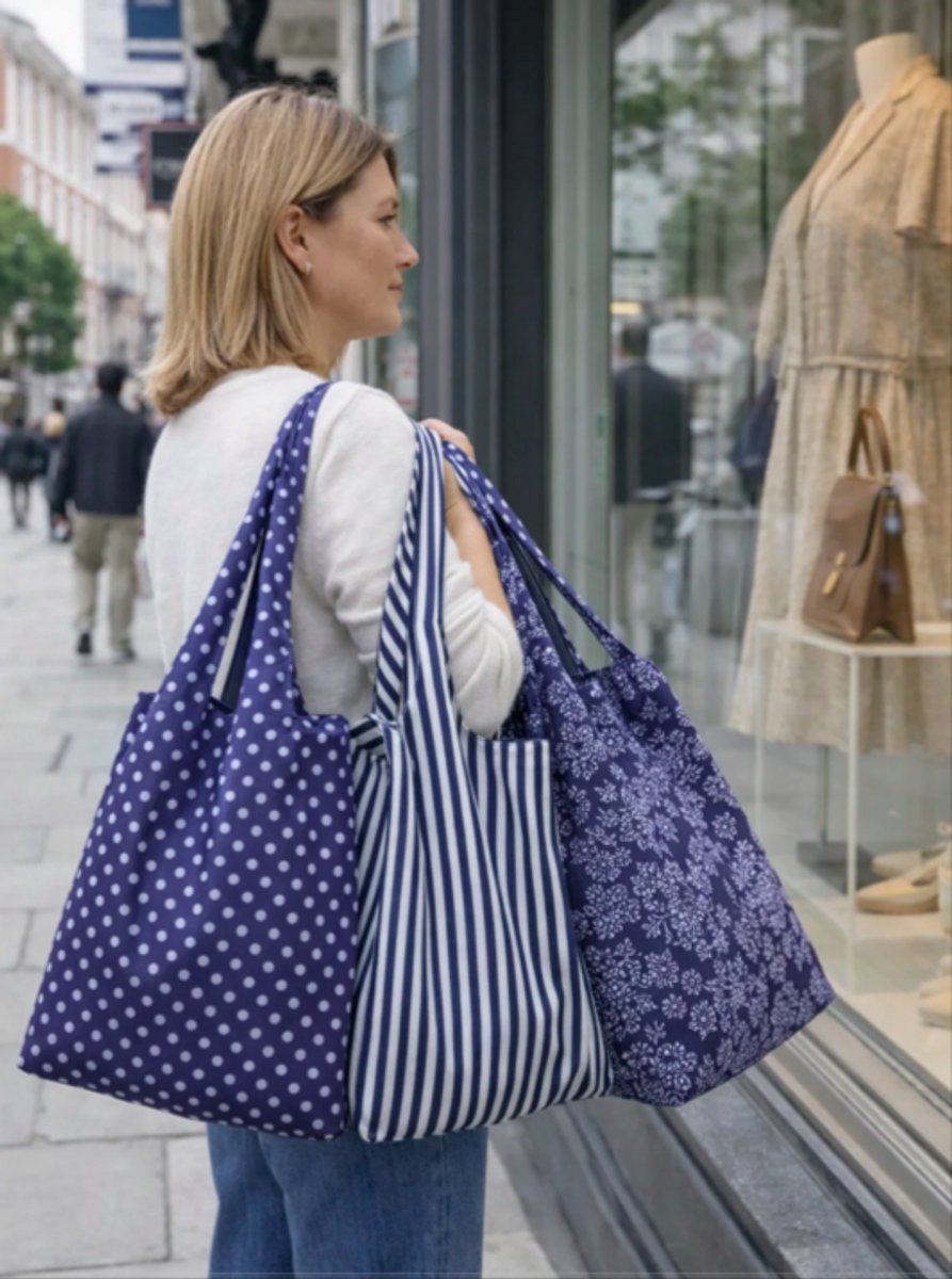 3 stuks blauwe Opvouwbare Polyester Boodschappentas Shopper 40x60 cm – Duurzame Herbruikbare Tas Lichtgewicht met 3 verschillende prints — cadeau in Cadeau-ideeën - foto 3