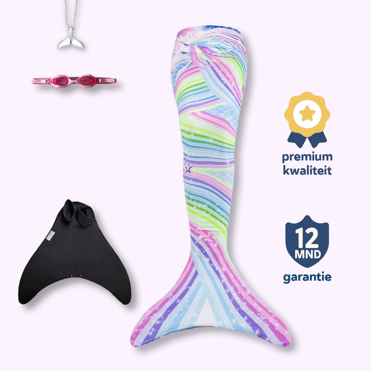 Unicorn zeemeerminstaart maat 146-152 - monovin met voetvakken - zwembril en ketting