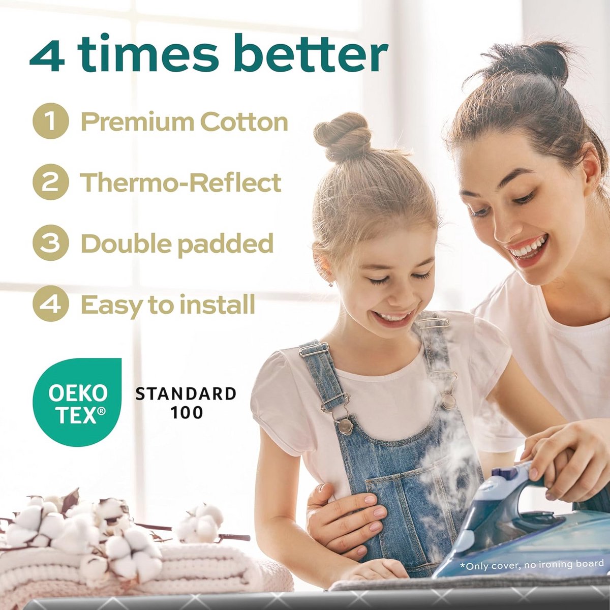 Strijkplankhoes 150x50 - Warmte reflecterend voor sneller strijken - Eenvoudige installatie met elastiek - 2x comfort padding - OEKOTEX100 - Made in Europa - Maat XXL