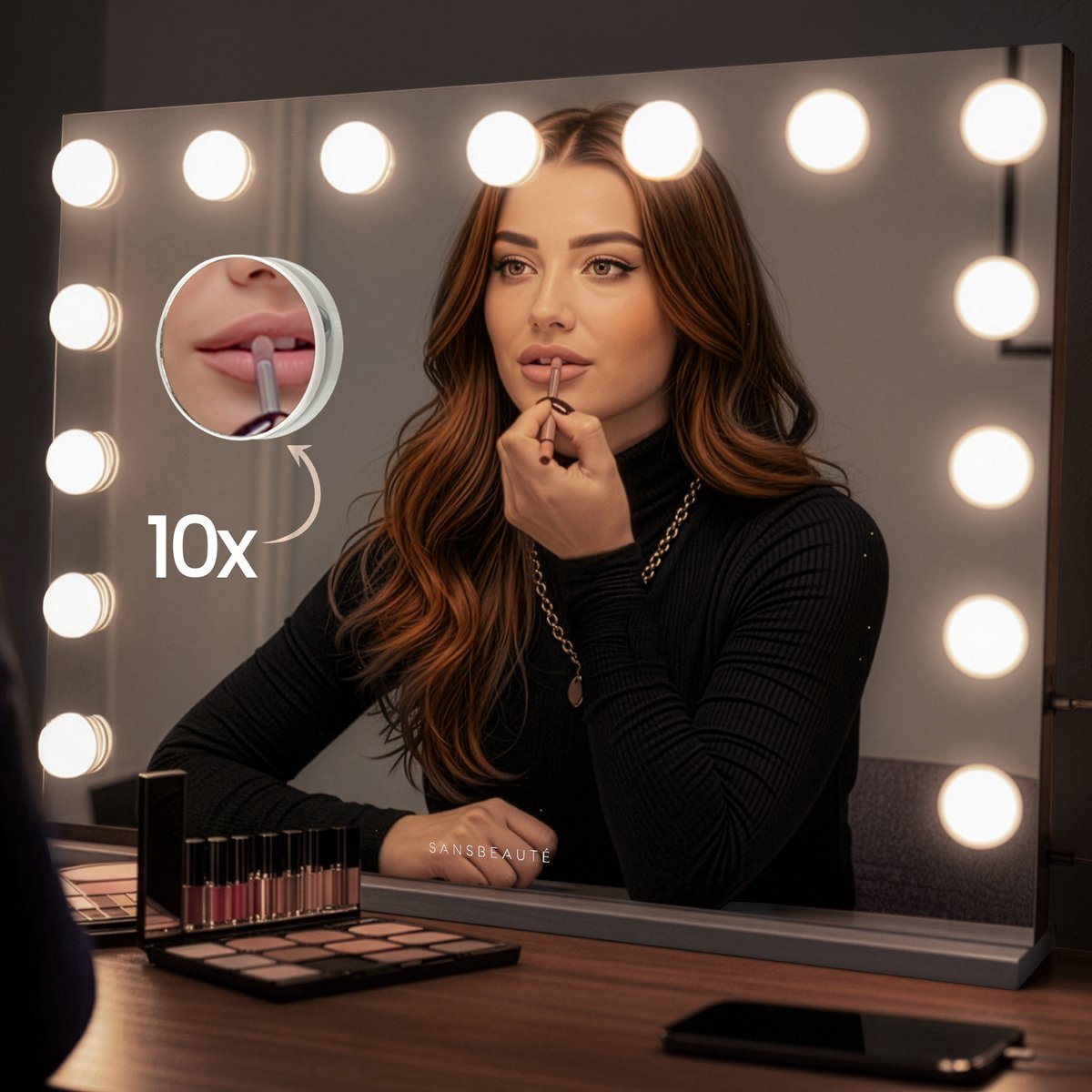 Sansbeauté® Hollywood Spiegel 58x43cm met Verlichting - Make Up Spiegel met Verlichting - 15x Led Lampen - 10x Vergroting - Vanity Spiegel - Mirror with Light - Miroir Mural - Makup Spiegel - Mekup Spiegel met Licht - Visagie Mirror - Dimbaar