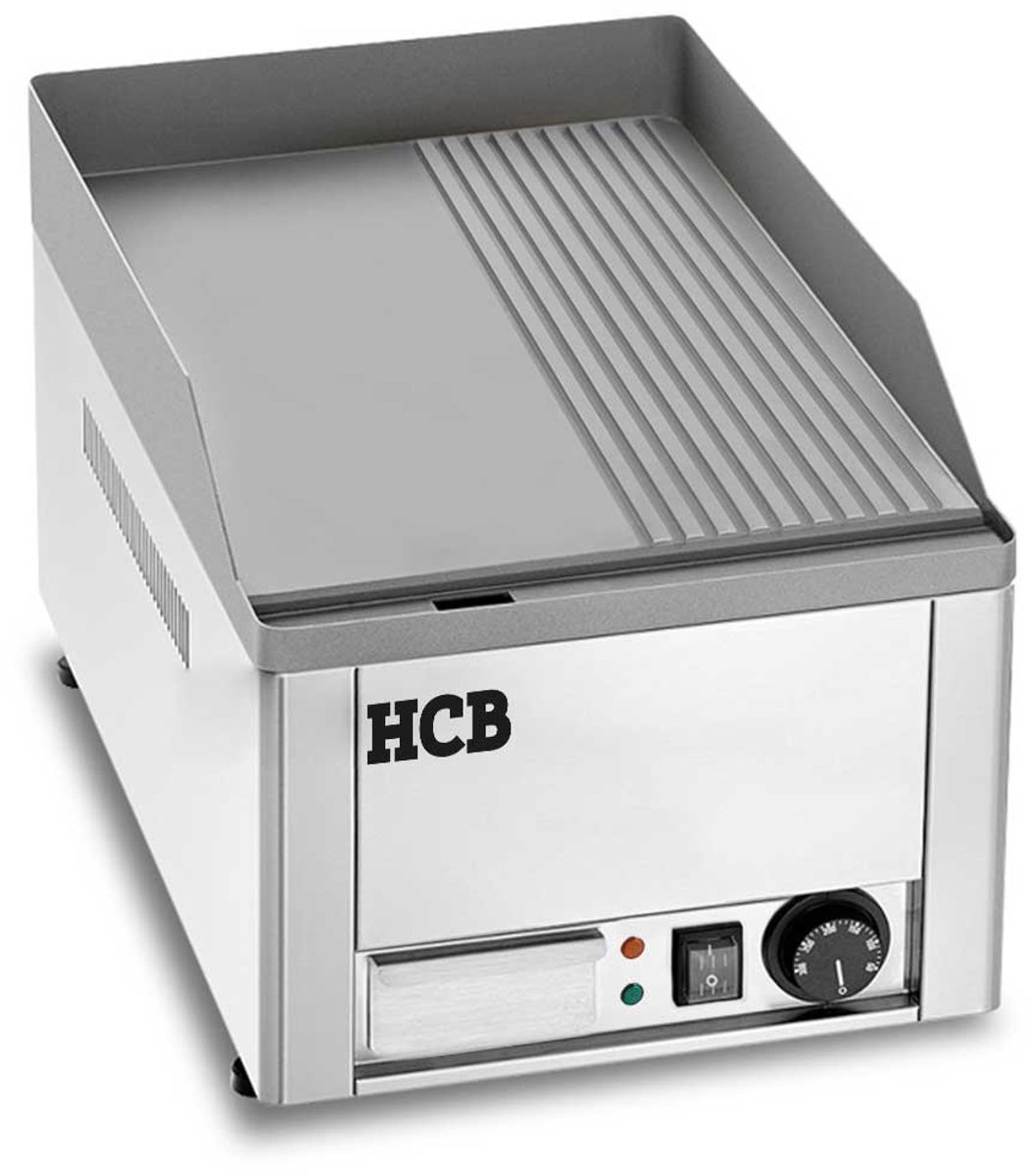 HCB® - Professionele Horeca Bakplaat - 1/2 geribbeld - 230V - RVS / INOX - Electrisch Grill apparaat - 46x36x31 cm (DxBxH) - 15.70 kg - 2608
