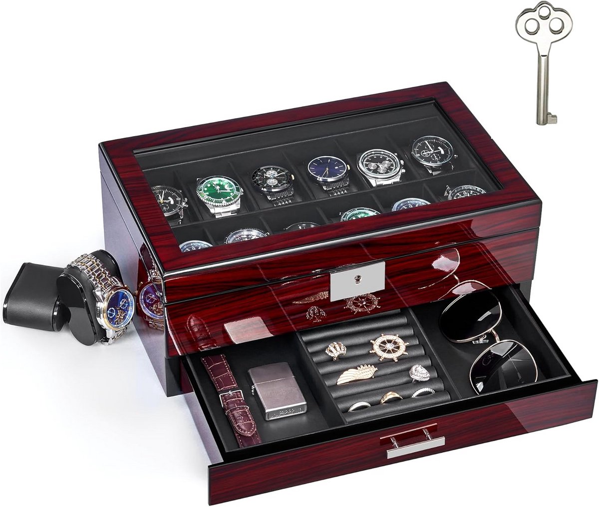 Luxe Houten Horlogebox voor 12 Horloges | 2-Laags Displaykast met Glazen Deksel