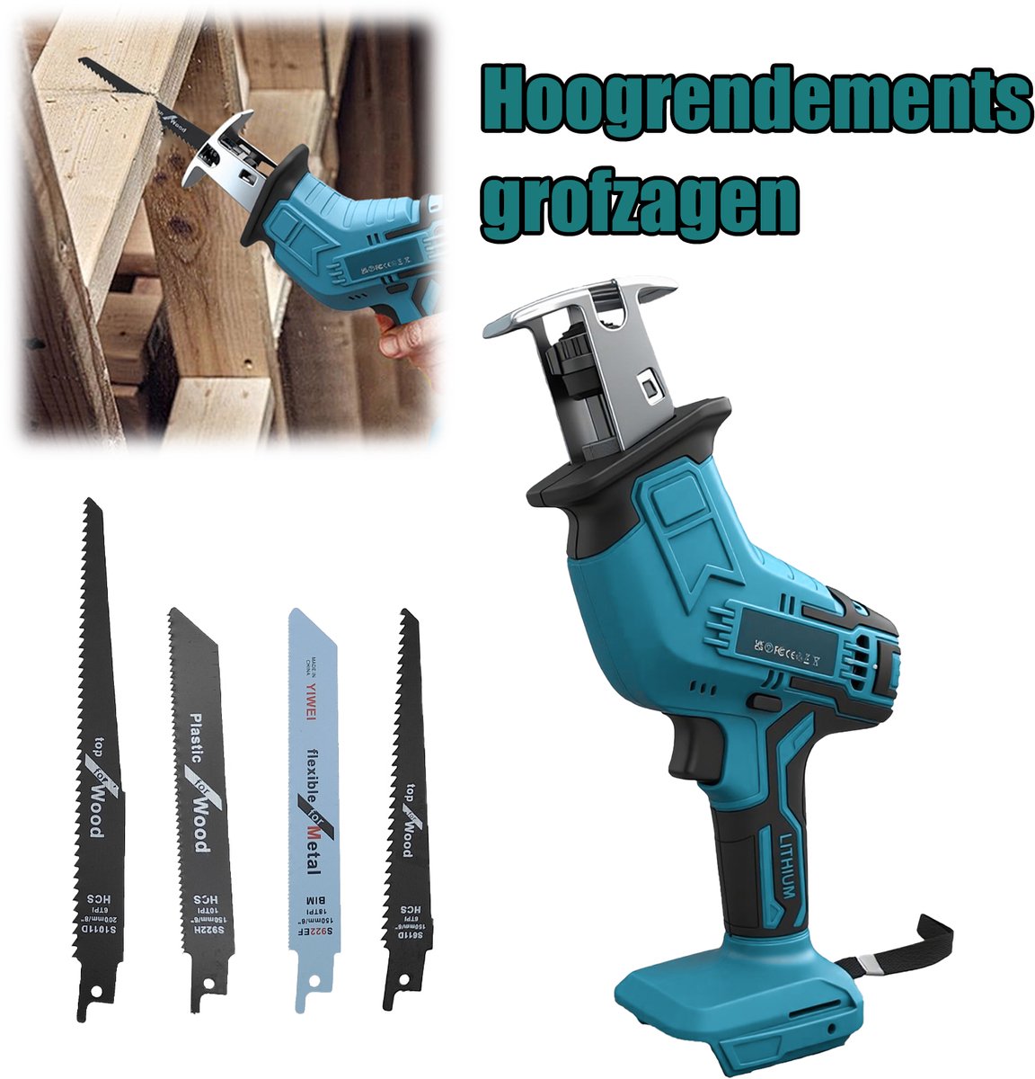 Draadloze reciprozaag, 18V borstelloze elektrische zaag, 0-3500 SPM verstelbare snelheid elektrische zaag, 4 stukken zaagbladen, snellader, LED-licht, voor het zagen van hout, metaal en PVC, exclusief accu.