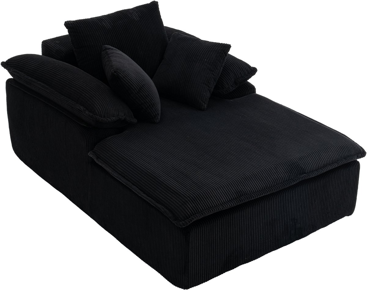 Een 46 cm hoge relaxbank, ontworpen in een interieurstijl, met een frameloos design. Een e