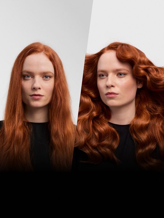 Voor en na: vrouw met rood haar krijgt volumineuze golven met Dyson Airwrap.