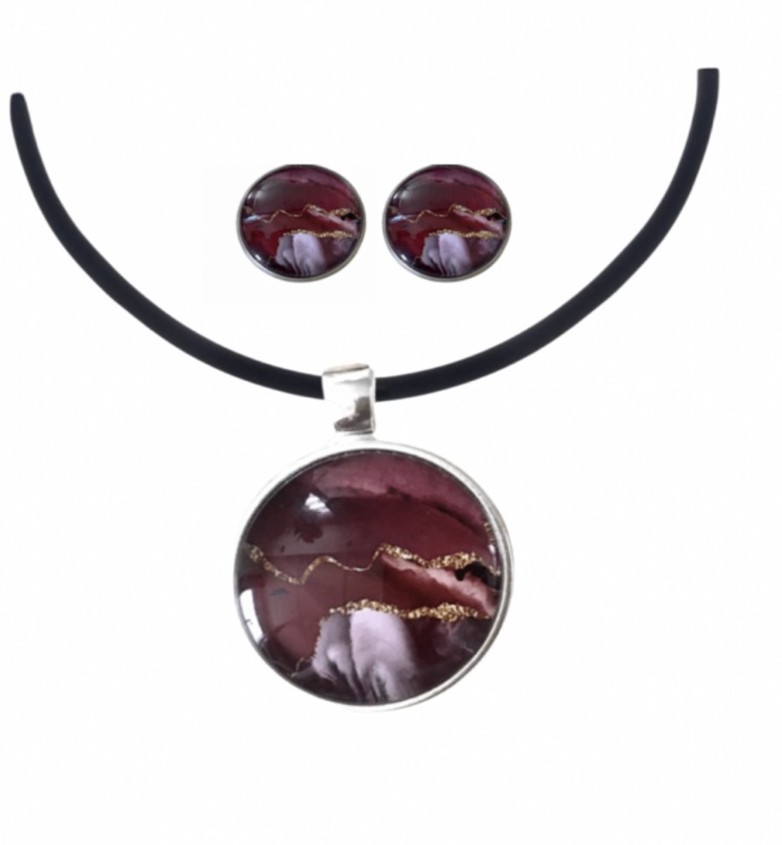 2-Delige set-Burberie-Ketting 2.5 cm-Zilveren oorknopjes- Charme Bijoux