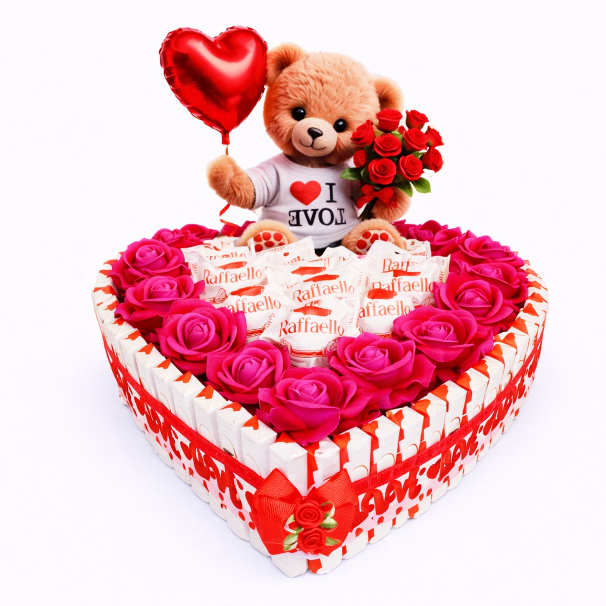 Luxecadeaumanden Valentijn taart – Kinder Chocolade, Raffaello & Rode Rozen