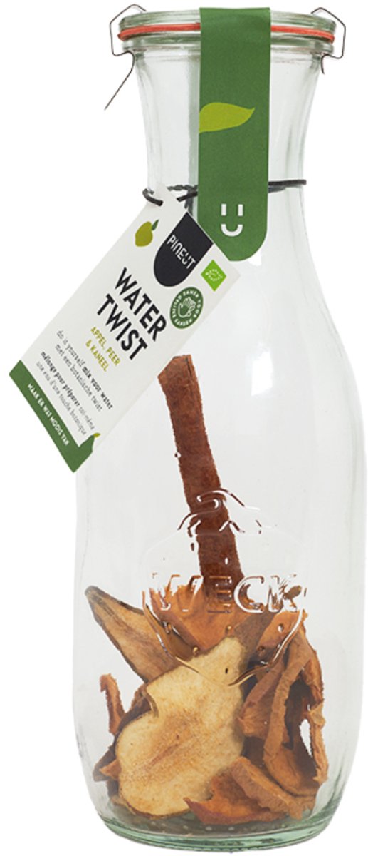Pineut ® Watertwist - Tafelwater Appel, Peer & Kaneel - BIO - Waterkaraf met deksel - Waterkan Glas 1L - Orginineel cadeau - Water met een smaakje - Hervulbaar - Gezond & Gezellig genieten