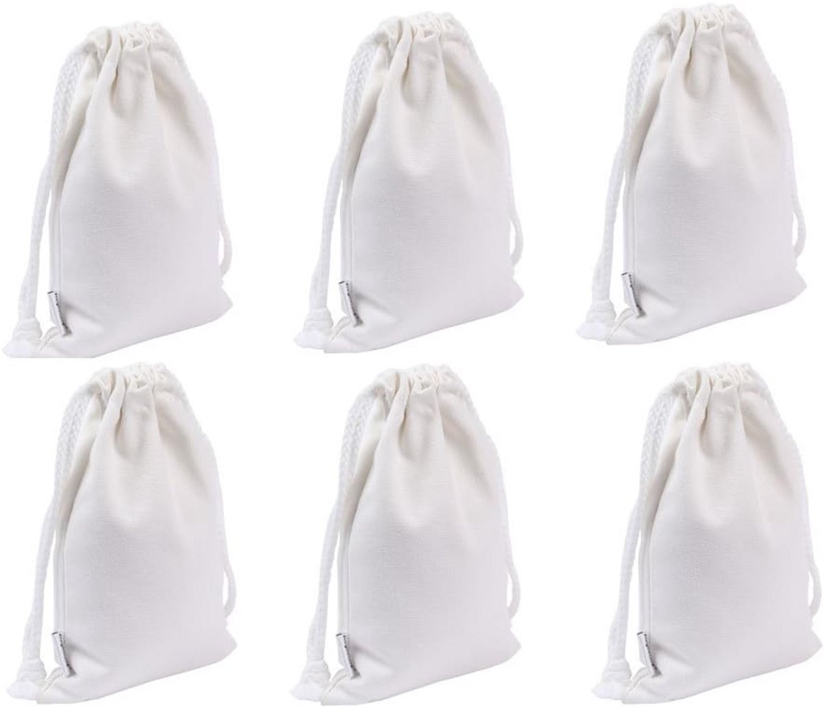 100% katoen canvas tasjes met koordsluiting - set van 6