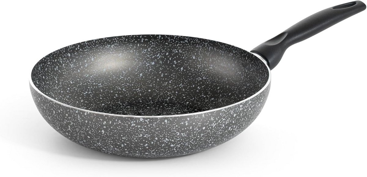 Wokpan met Antiaanbaklaag Ø 28 cm - Steenlook Coating - Ergonomische Handgreep - Gemaakt in Italië