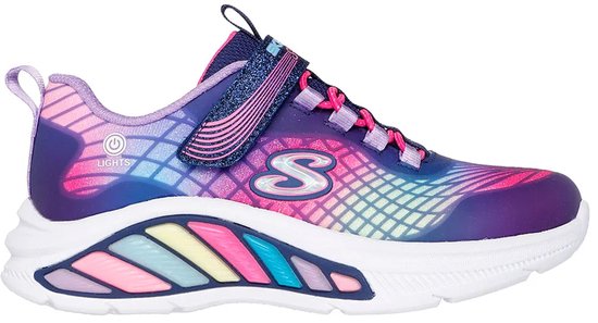 Navy sneaker met paarse, roze en turquoise glinsterende lijnen, regenboogaccenten op de zool en 'Lights' logo.