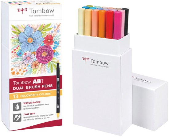Tombow ABT Dual Brush Tekenpennen - Brushpennen - set van 18 kleuren - Secondary colours