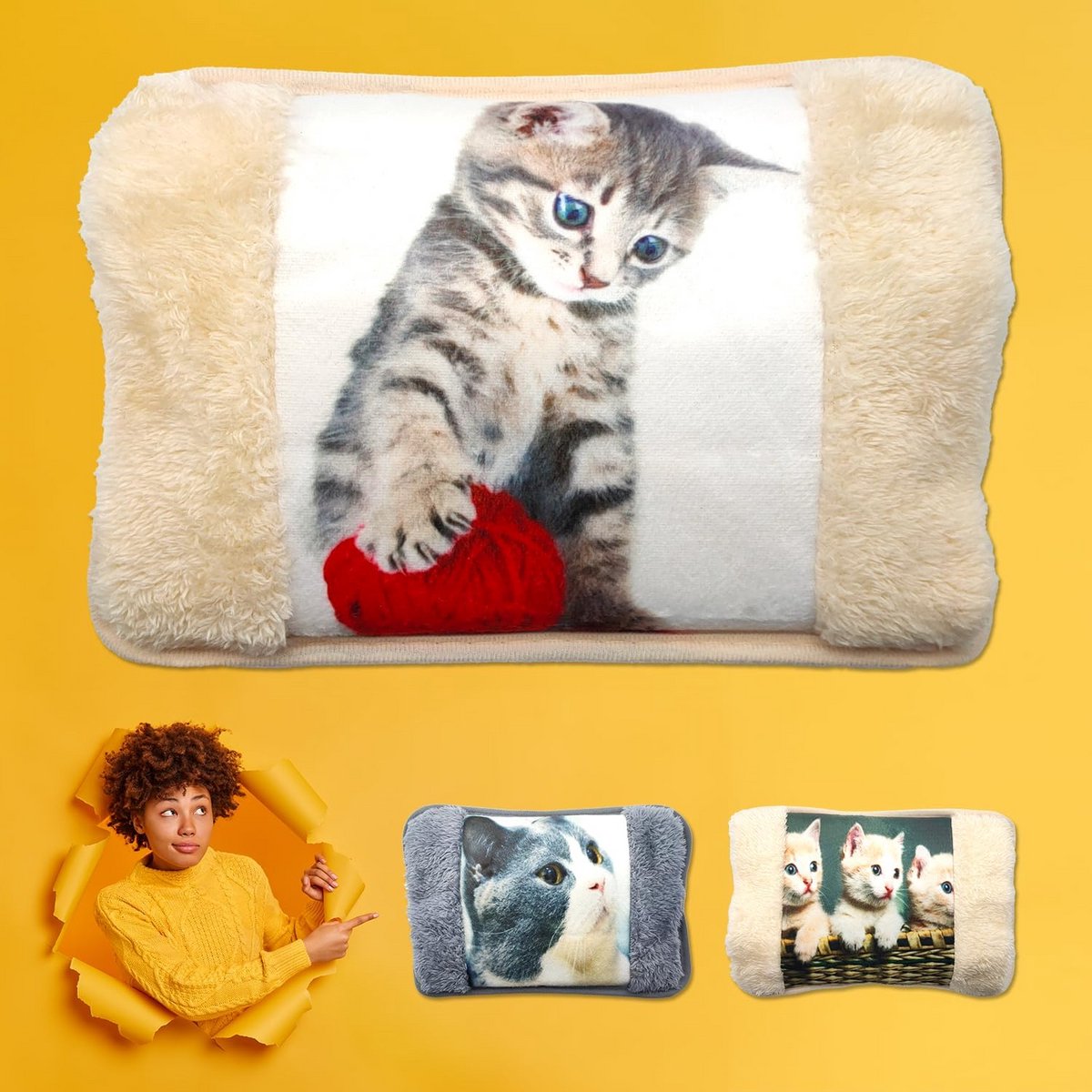 Oplaadbare Elektrische Kruik met Pluche Kattenprint en Handwarmer Zakken - Warmte voor Spierpijn en Koude Dagen