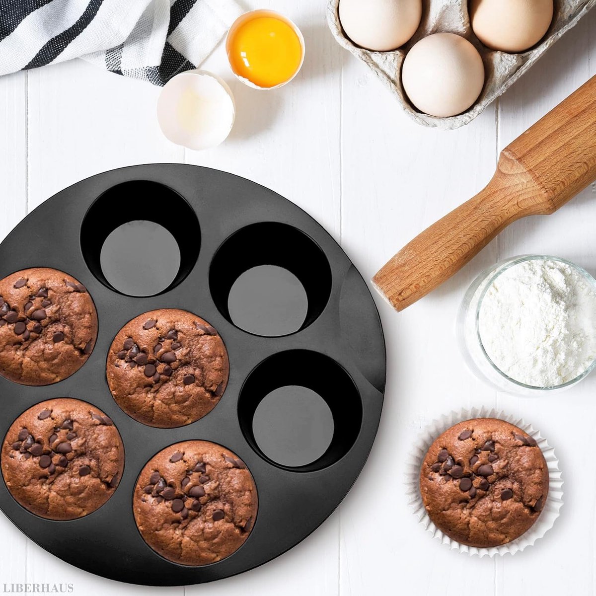 Taartvorm - Siliconen Bakvorm - Cupcake bakvorm - Rond - Zwart - 20*4 cm - Bakplaat voor de airfryer - Muffinbakvorm - Voor 7 Muffins - Antiaanbaklaag - Hittebestendige - Herbruikbaar - Voor Het Bakken Van Cupcakes, Brownies, Chocolade – foto 5