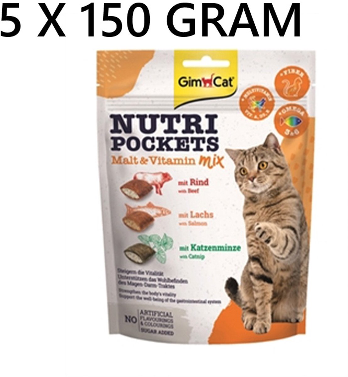 nutri pockets GIMCAT 5 x 150 gr = 750 gr - MALT & VITAMINE MIX - rund - zalm - catnip - ondersteunt het gastro intestinaal systeem van uw kat