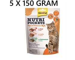 nutri pockets GIMCAT 5 x 150 gr = 750 gr - MALT & VITAMINE MIX - rund - zalm - catnip - ondersteunt het gastro intestinaal systeem van uw kat