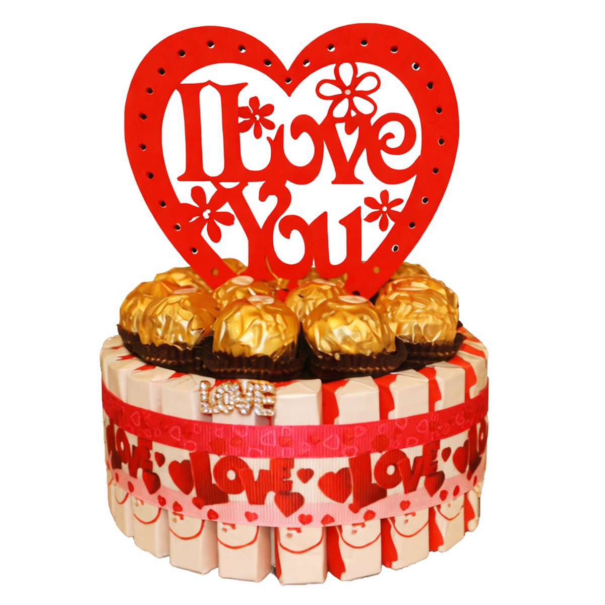 Snoeptaartmet houten hart “I love you” – Luxe Chocoladecreatie - Ferero Rocher - valentijn