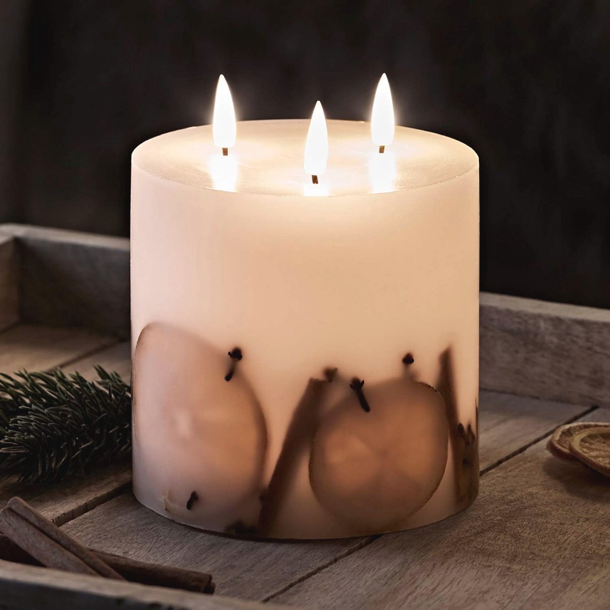 Flame-less LED Pillar Candle with Flickering Flames - Realistic Ivory Wax, 3 Wicks