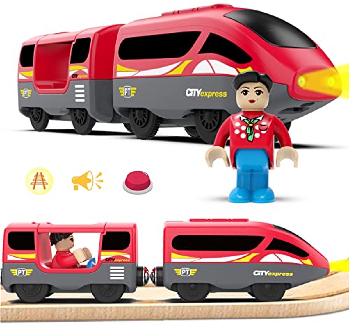 Op batterijen werkende locomotieftrein (magneetverbinding) - Motor hogesnelheidstrein - Locomotief houten trein - Kinderlocomotief compatibel met houten rails, rood