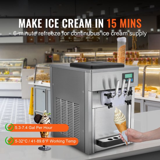 Commerciële Ijsmachine van , 21 Qt/H Vermogen, 1800W, 3 Smaken, Aanrecht, 2 X 4l Container, 2 X 1,8l Cilinder, Lcd-Scherm, Automatische Reiniging, voorkoeling van Merkloos — afbeelding 5