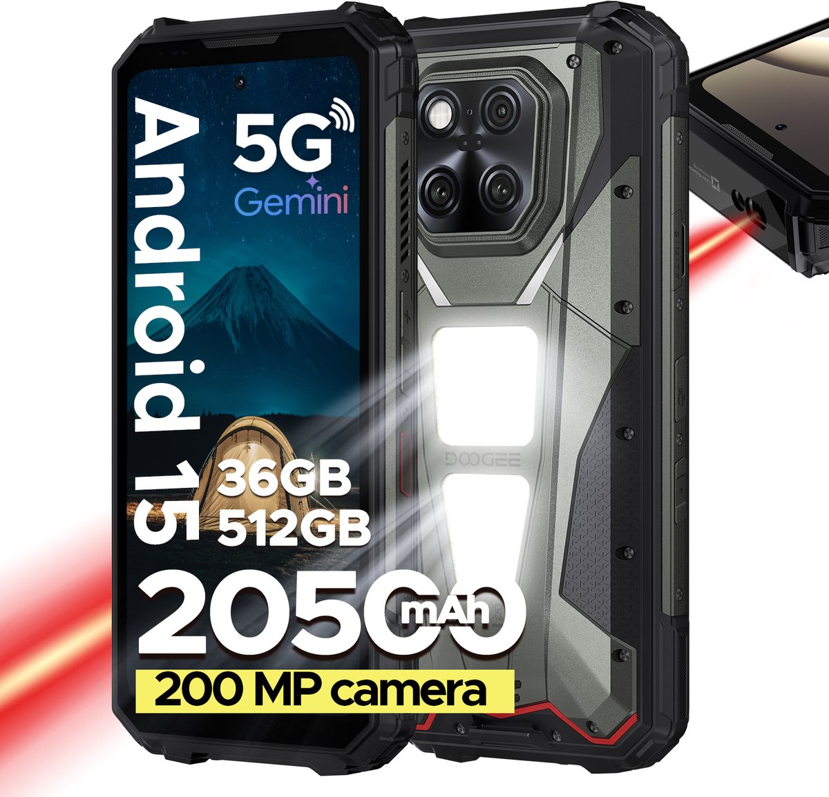 DOOGEE V Max LR 5G - Robuuste Smartphone - Robuuste Telefoon - 36 GB RAM + 512 GB ROM - Met 40 m laserdetectie - 20500 mAh/45 W - MTK 7300 - 6,78 inch FHD+120 Hz - 200 MP+32 MP camera - 1200 LMkampeerlamp - 3 kaartsleuven - WiFi 6E - NFC - Grijs