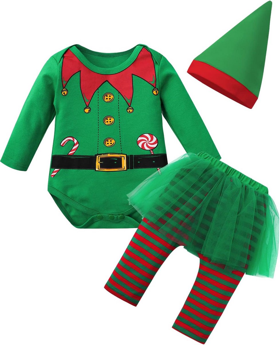 Babyset voor Eerste Kerstmis Meisje | Groene Kerstoutfit 0-12 Maanden