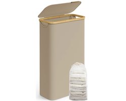 Vedder House - Wasmand - Wasmand met deksel - Beige - 65 liter - Smal - Opvouwbaar - Verwijderbare waszak