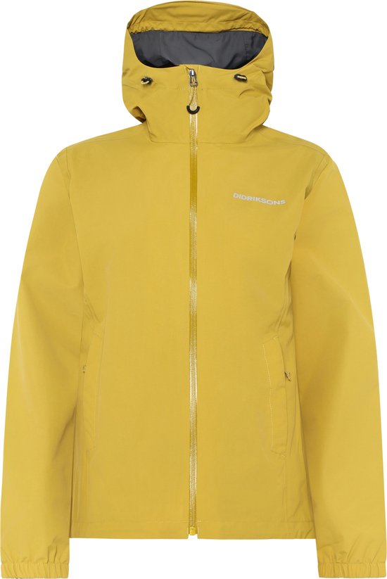 Veste d'extérieur jaune Didriksons avec capuche, fermeture éclair et logo sur la poitrine.