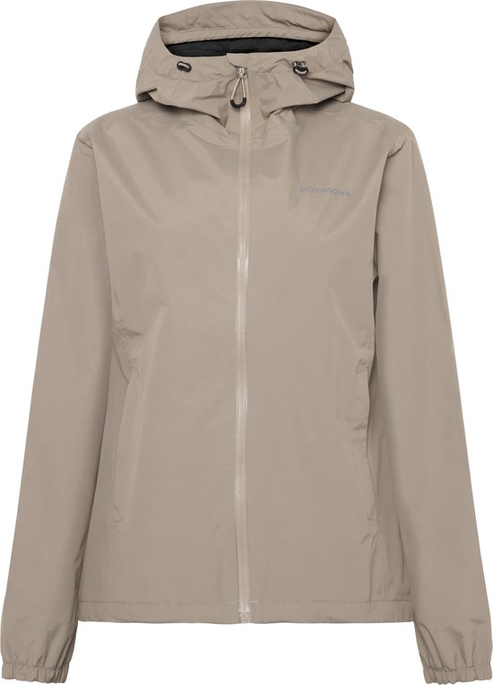 Beige Didriksons outdoorjas met rits en capuchon. Het logo staat op de linkerborst.