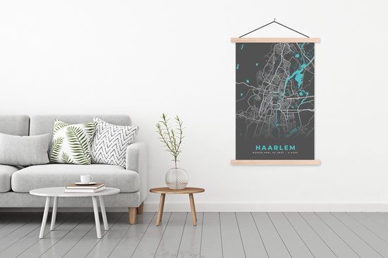 Porte-affiche avec affiche - Affiche scolaire - Plan de la ville - Haarlem - Grijs - Blauw - 120x180 cm - lattes vierges