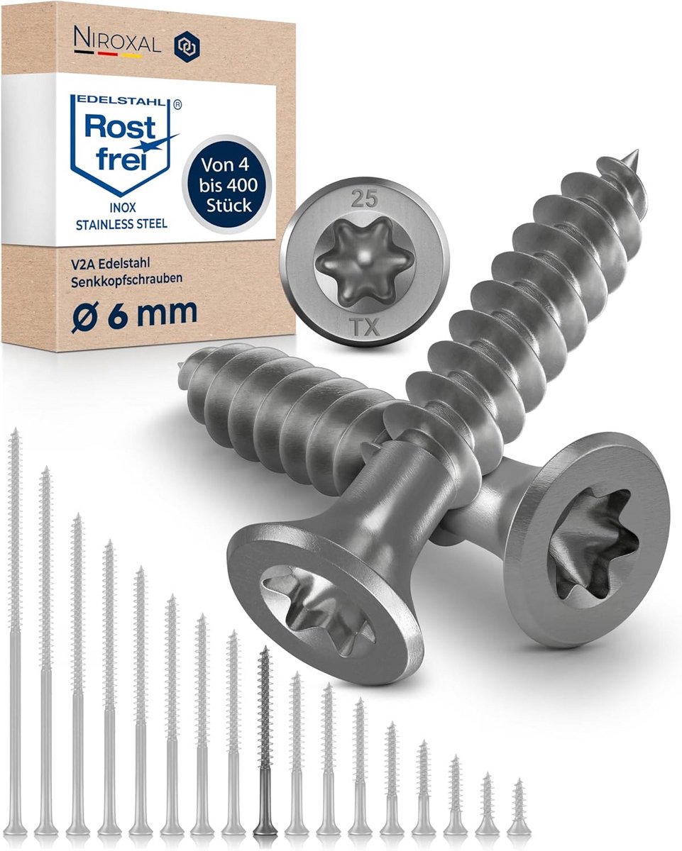 Verzonken Torx Schroeven RVS V2A Houtschroeven Gedeeltelijke Draad 6x60 mm (50 Stuks)
