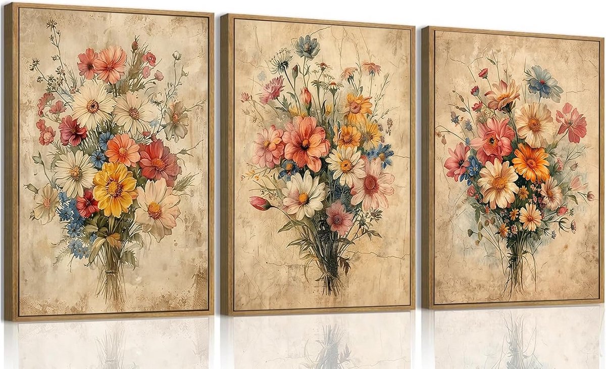 Set van 3 Ingelijste Kleurrijke Wilde Bloemen Canvas Kunst - Aquarel Bloem Muurdecoratie