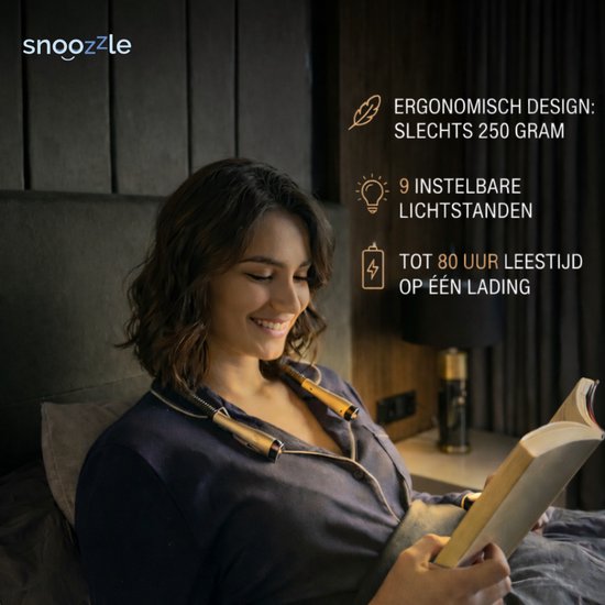 Snoozzle Neklamp Oplaadbaar - Inclusief Opbergzakje - leeslampje voor boek - Bedlamp - E-reader - Draadloos Leeslampje - Neklampje voor Haakwerk - 9 lichtstanden - Batterij van 80 uur - Zilver — afbeelding 2